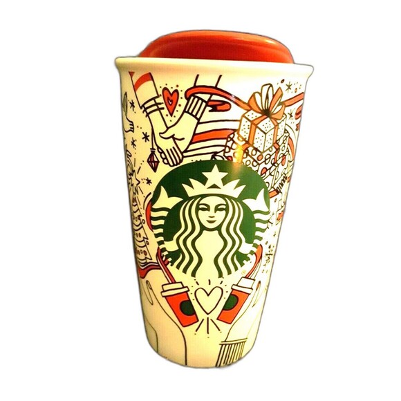 Starbucks Ceramic Tumbler 12oz  Holiday 2017 Coffee Cup with Red Lid Travel Mug - Picture 1 of 12